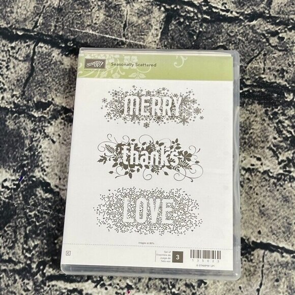 Stampin Up! SEASONALLY SCATTERED  3 Piece Rubber Stamp Set Merry Thanks Love - Picture 1 of 9